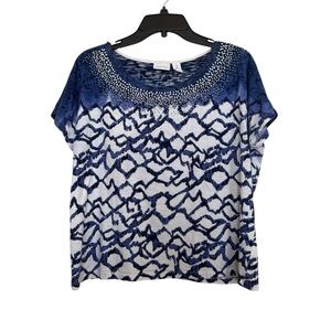 Chico’s ZENERGY Women’s Sz 2(L) Blue And White Beaded Tee Scoop Neck